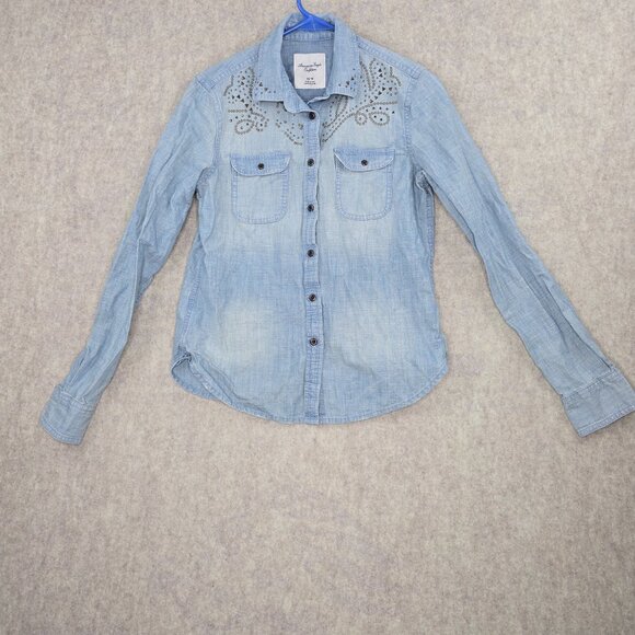 American Eagle Outfitters Tops - American Eagle Outfitters Womens Denim Button-Up Shirt Light Blue XS Embellished